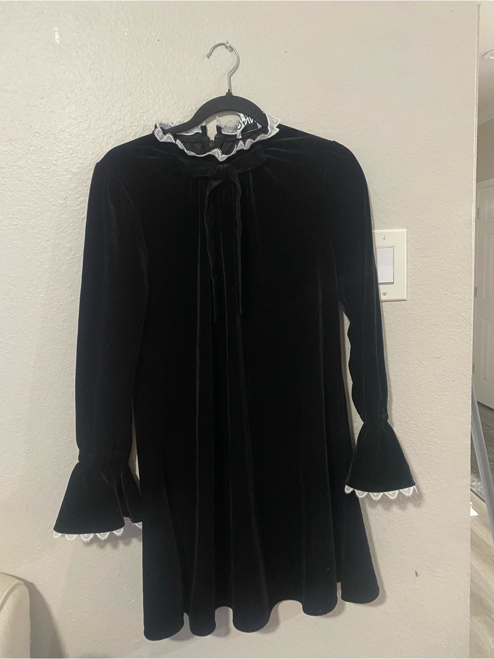 Ganni Black Velvet Long-Sleeve Dress with White Lace Trim